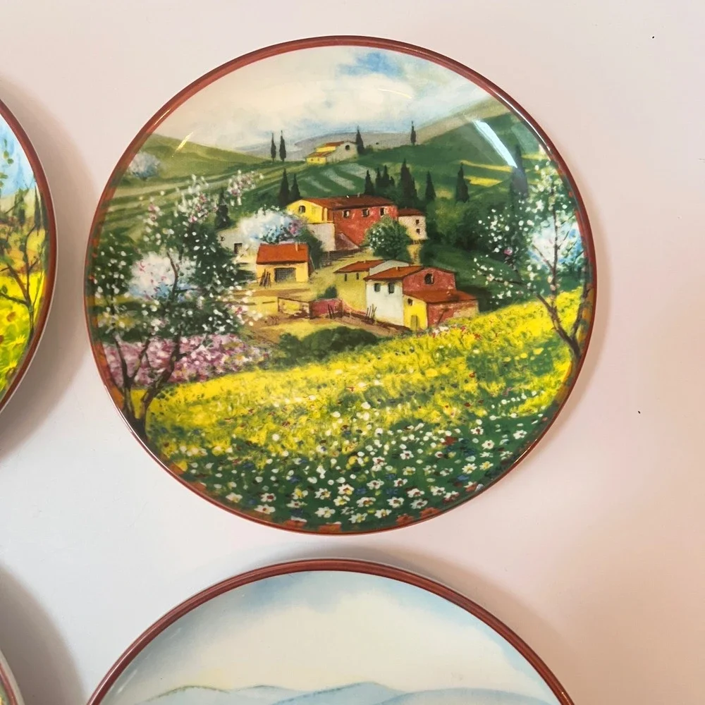 CMG Portugal Hand Painted Landscape Salad Plates Set of 4 Vineyard Sunflowers